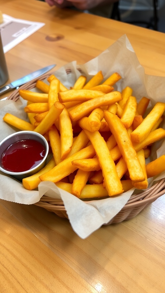 Crispy French Fries Recipe Without an Air Fryer Crispy golden French fries in a basket with ketchup on a wooden table.